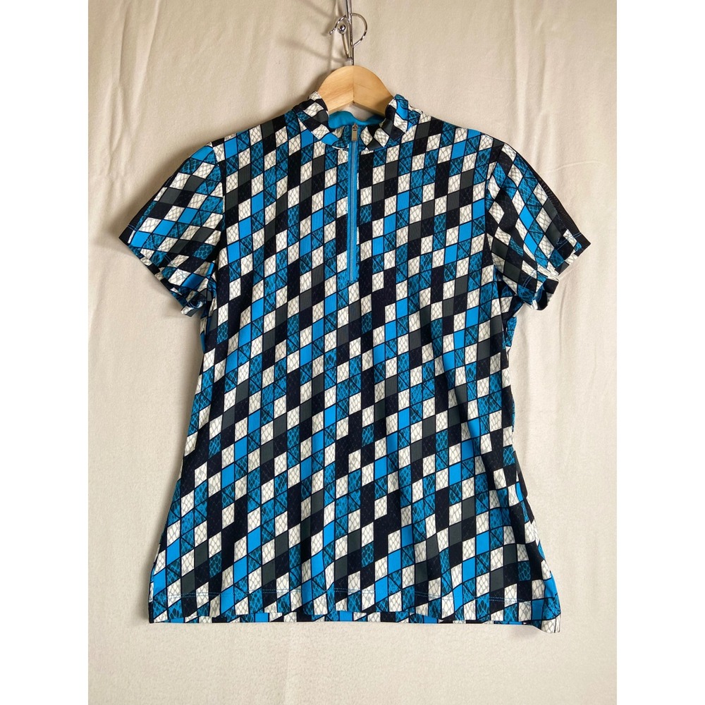 Tail White Label Womens Golf Top Small Blue Black Geometric Diamond Quarter Zip